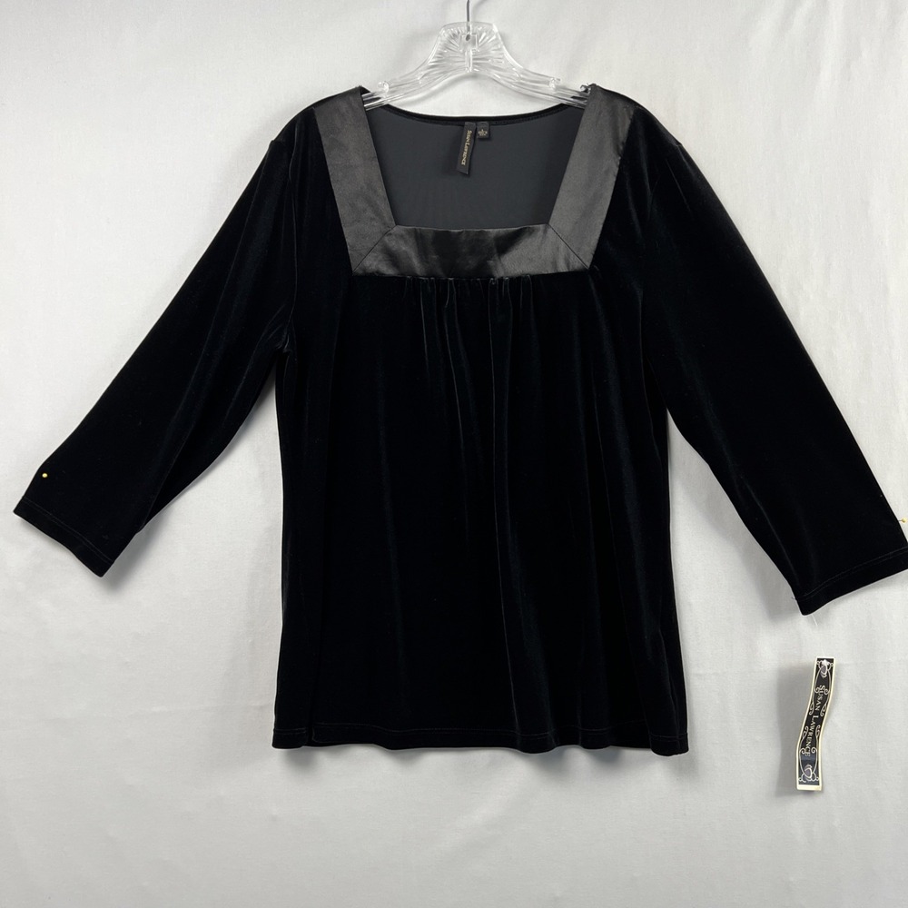 Susan Lawrence Black Velvet Top Womens Large Satin Trim 3/4 Sleeve Square Neck